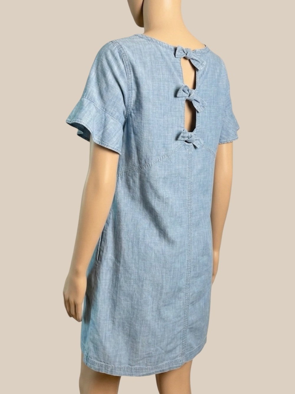 Madewell Women Light Blue Chambray Flutter Sleeve Shift Dress Open Tie Back SZ M